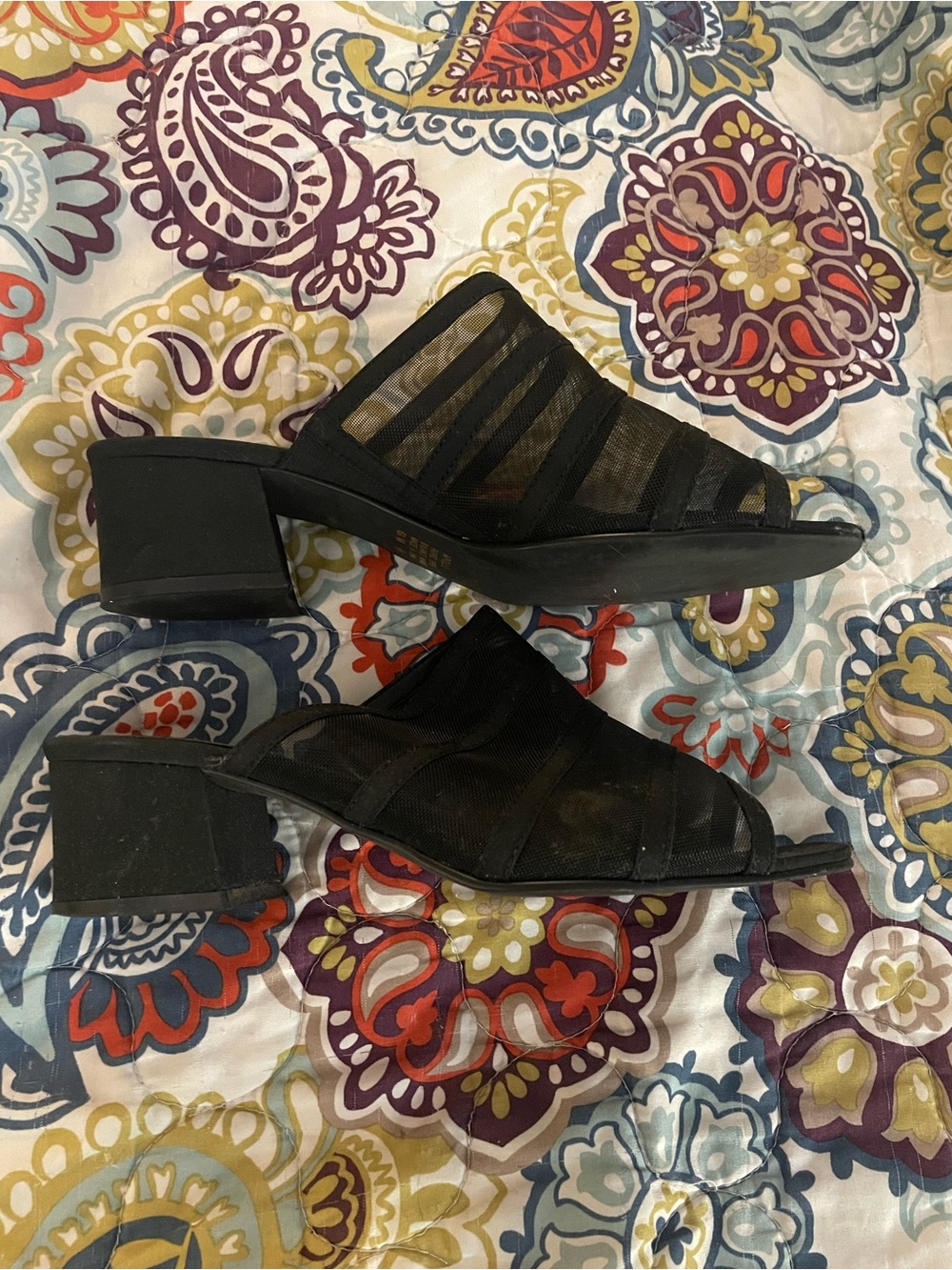 Prima Black Mesh Block Heel Mule Sandals 6.5